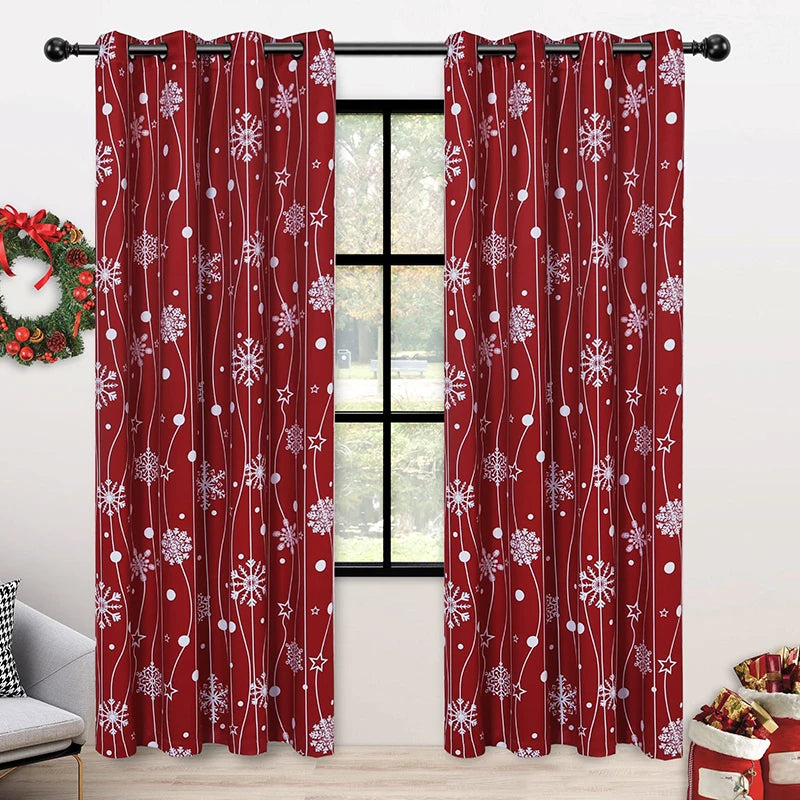 Semi-Blackout Christmas Curtains for Living Room Bedroom Red Snowflake & Star Print Window Drapes Grommet Curtains Holiday Decor