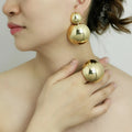 Popular New Gold Color Smooth Surface Big Round Metal Earrings Ring Jewelry Set Personality Fashion Accessories