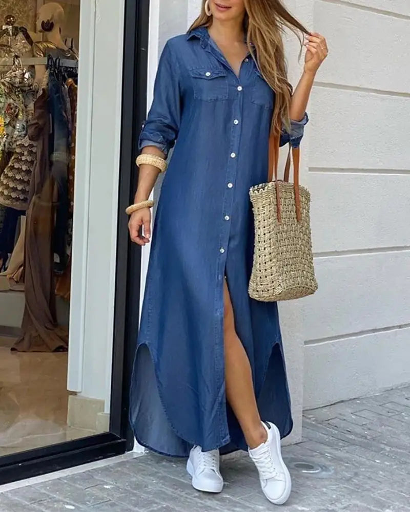 Ladies Fashion Long Shirt Dress Wholesale Denim Single Button Dress Elegant Slit Summer Vintage Casual Dress for Women