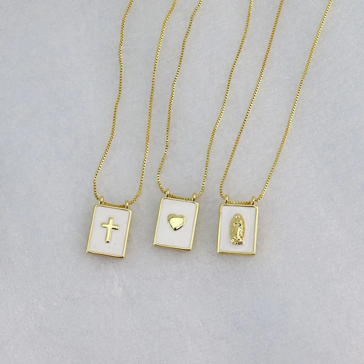 NM1285 Chic Gold Plated White Enamel Zircon Diamond CZ Paved Star Heart Cross Rectangle Medal Pendant Chain Scapular Necklace