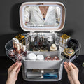 Multifunction Modern Rectangle Plastic Dustproof LED Makeup Mirror Organizer with Adjustable Layers Large Capacity Storage Box
