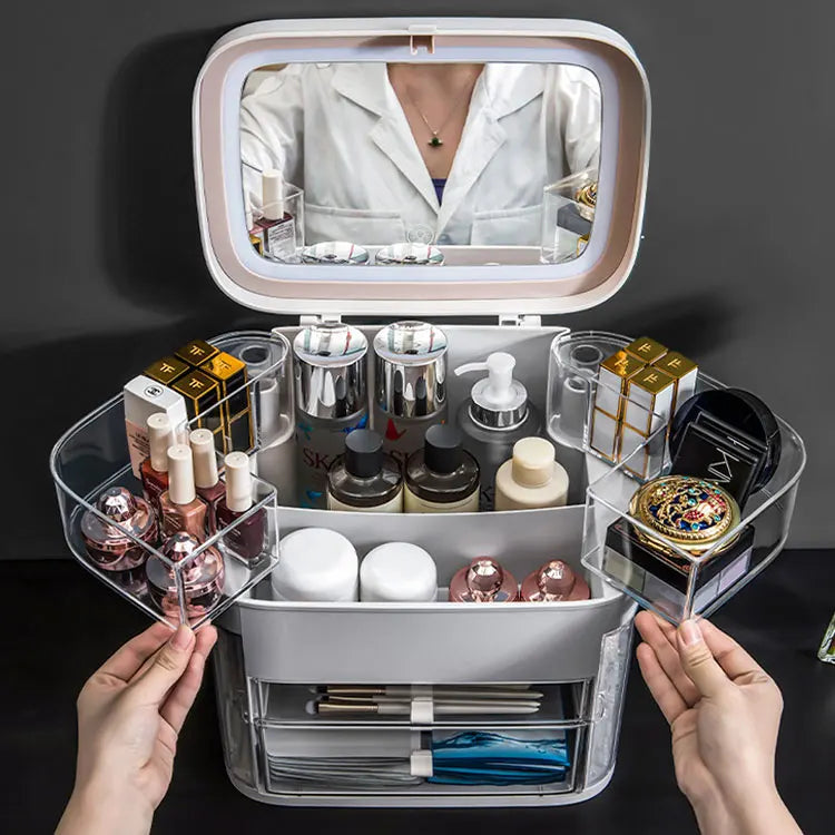 Multifunction Modern Rectangle Plastic Dustproof LED Makeup Mirror Organizer with Adjustable Layers Large Capacity Storage Box