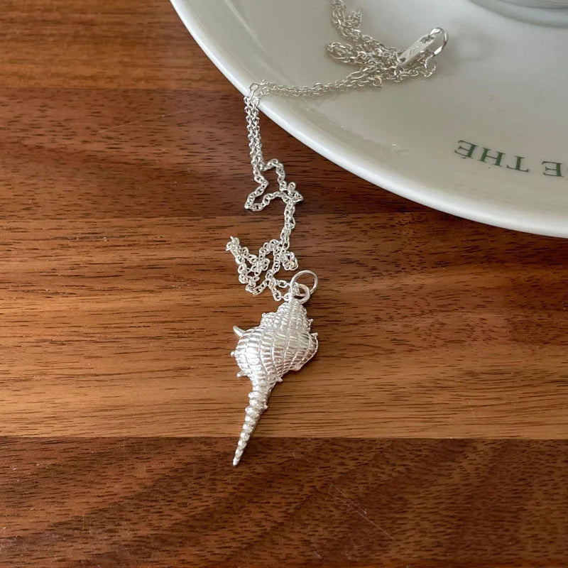 INS Girls 925 Sterling Silver Link Chain Conch Pendant Necklaces for Beauch Summer Jewelry