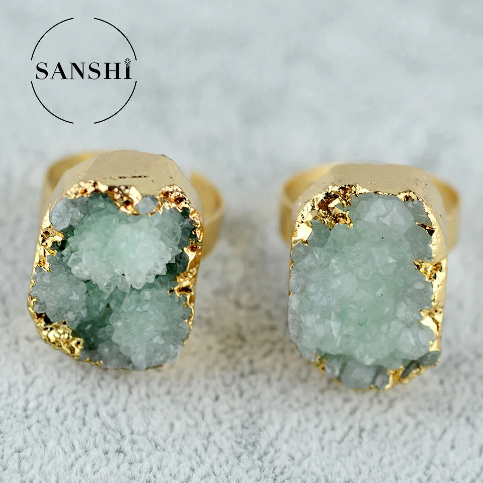 Natural Druzy Stone Rings Crystal Tooth Multi Color Women Resizable Raw Quartz Ring Natural Stone Crystal Rings