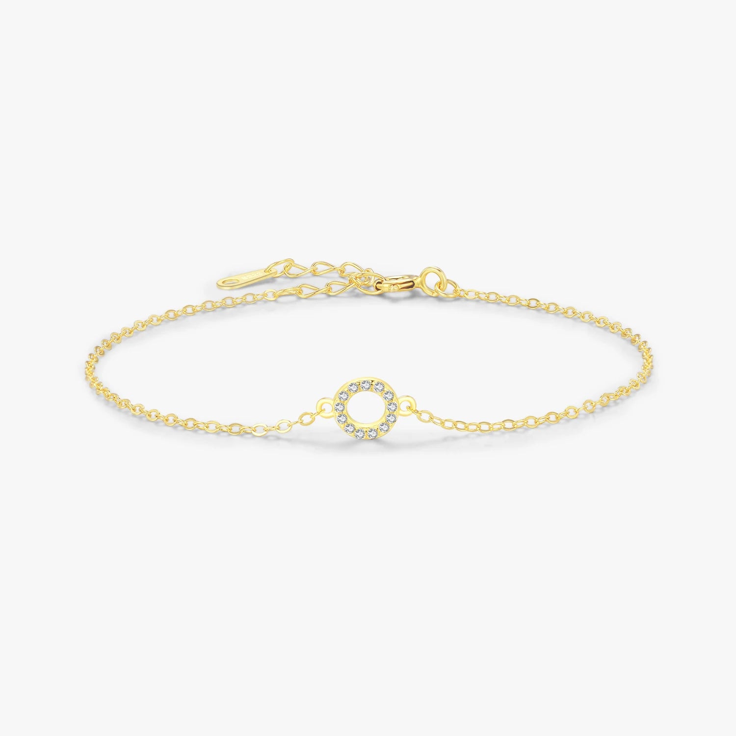 Gold Color Link Chain for Women Girls Fine Jewelry Solid 925 Sterling Silver Simple Hollow Circle Clear CZ Bracelets