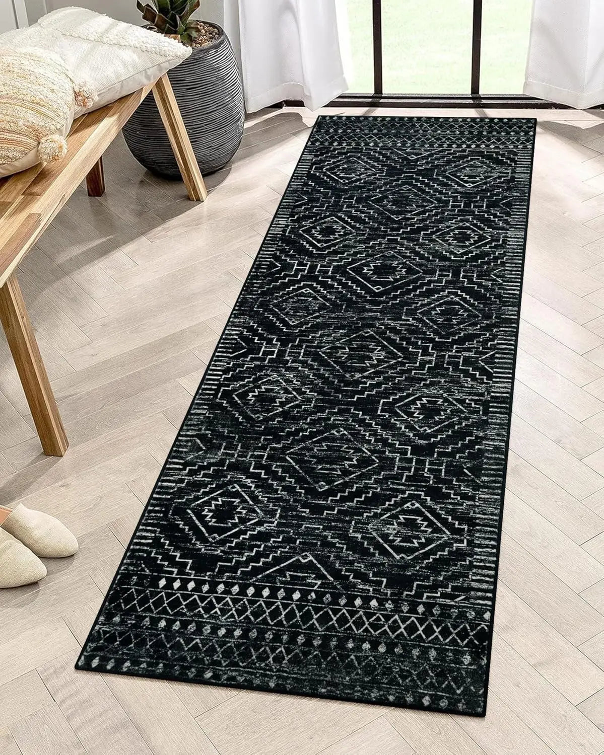 2x6 Moroccan Black Kitchen Runner Rug Non-Slip Bohemian Soft Bathroom Throw Mat Washable Geometric Carpet for Entryway