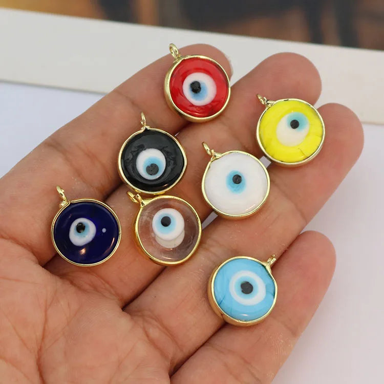 JF7371 Gold Plated Multicolor Lampwork Glass Evil Nazar Eye Coin Round Charm Pendants Amulet Talisman Protective Lucky Pendant
