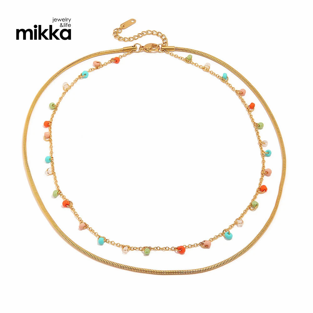 Waterproof Double Layer Stacking Snake Chain Necklace with Colorful Bead for 18K Gold Plated Stainless Steel Jewelry
