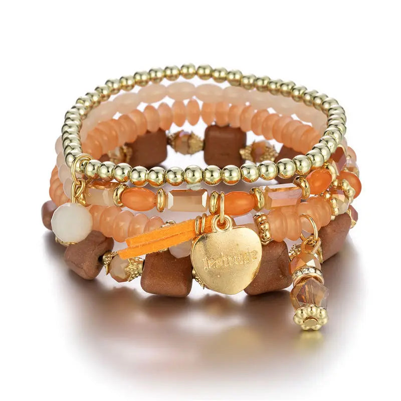 Hot Selling Bohemian Style Gold Plated Jewelry Bead Bracelet Set Including Cylindrical Crystal Beads and Letter Heart Pendants