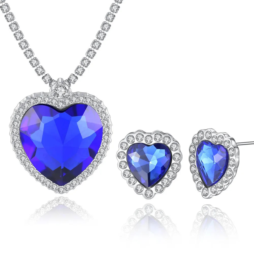 Wholesale Blue Rhinestone Jewelry Set Heart Pendant Necklace Earring Bracelet Titanic Necklace Earrings Wedding Jewelry Set
