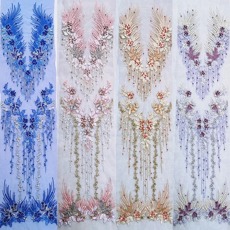 Large Design Decorative Flower Embroidery Bodice Beaded Red Lace Applique Dress Fabric LT2279A