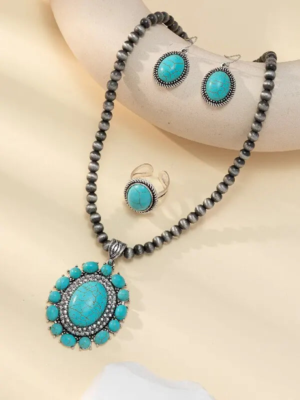 Navajo Style Pearl with Concho Pendant Necklace for Holidays Parties Daily Wear White Turquoise Necklace & Earrings & Rings Set