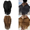 Women Suede Floral Hollow Out Fringe Tassel Shawl Vintage Ponchos Beach Tassels Wrap Capes