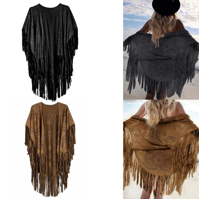 Women Suede Floral Hollow Out Fringe Tassel Shawl Vintage Ponchos Beach Tassels Wrap Capes