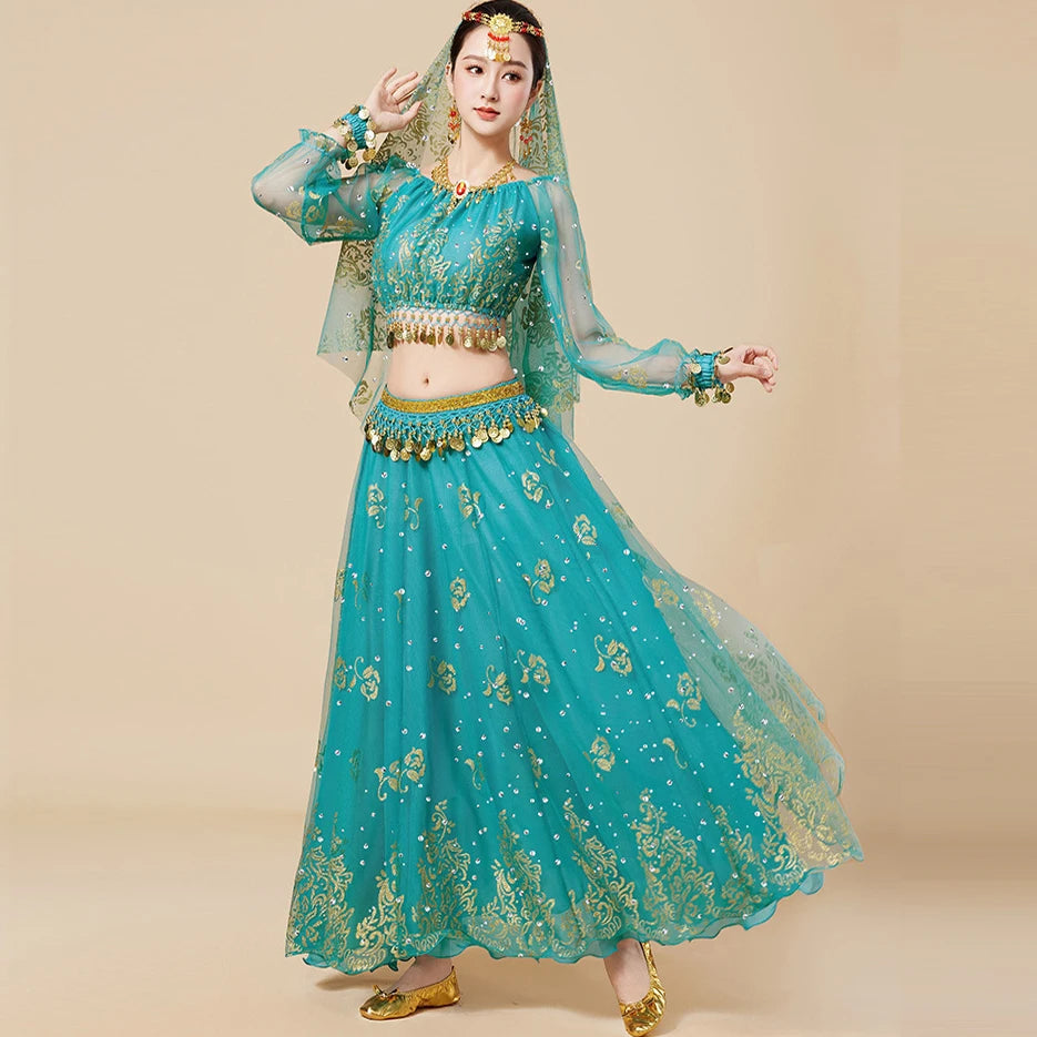 Women's Indian Bollywood Dance Stage Performance Floral Pattern Polyester Long Sleeve Dress 2-Piece Set