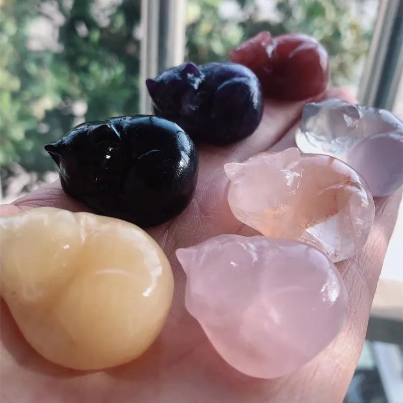 Natural Healing Stone Crystal Rose Quartz Aventurine Jade Sleep Cat Obsidian Lepidolite Sleeping Cats for Gift