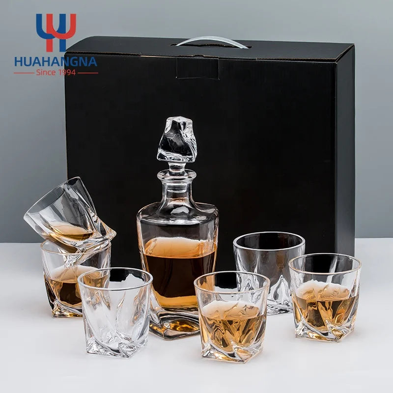 Wholesale 7 Pack Twist 800ml Decanter Set Crystal Clear Transparent Glass Home Bar Liquor Whiskey Bottle with Gift Box