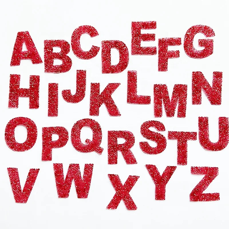 Hot Sale Cosmetic Bag Accessory Red Rhinestone DIY Patch Heat Seal Iron on Rhinestone 26 English Letter Alphabet From A-Z Letter