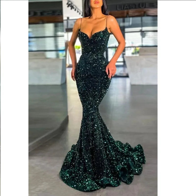 Spaghetti Straps Glitter Sequin Velvet Long Mermaid Evening Gowns Wedding Guest Dress Prom Dresses