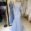 2025 New Custom Blue Deep V-neck Prom Gown Off-Shoulder Strapless Lace Embroidery Evening Maxi Dress