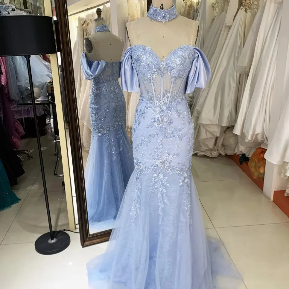 2025 New Custom Blue Deep V-neck Prom Gown Off-Shoulder Strapless Lace Embroidery Evening Maxi Dress