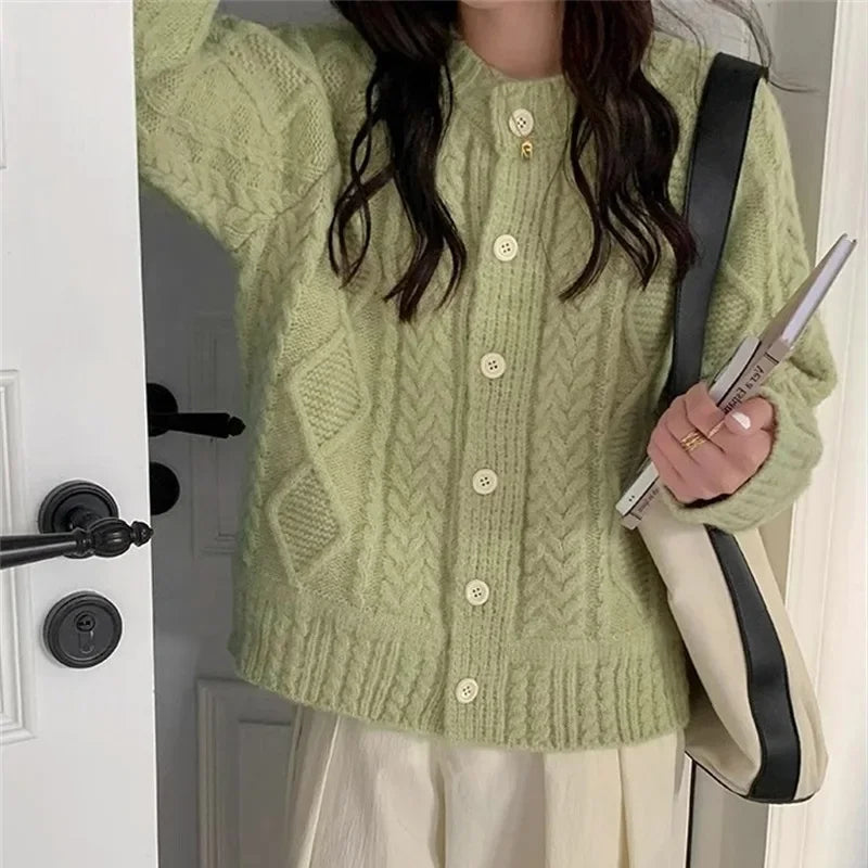 Autumn New Girls Mohair Knit Top Cardigan Sweater for Woman Twisted Thread Round Neck Cardigan Knitting Sweet Top Jacket