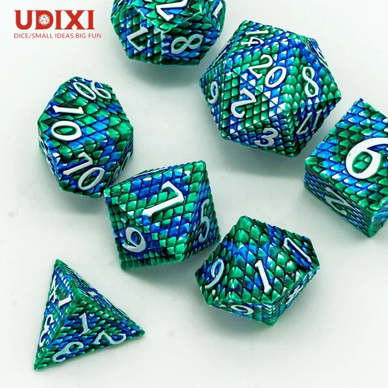 For Udixi Custom Logo RPG Polyhedral Metal Dice Set Dungeons and Dragons Blue & Green Dragon Scale Packed in Metal Box