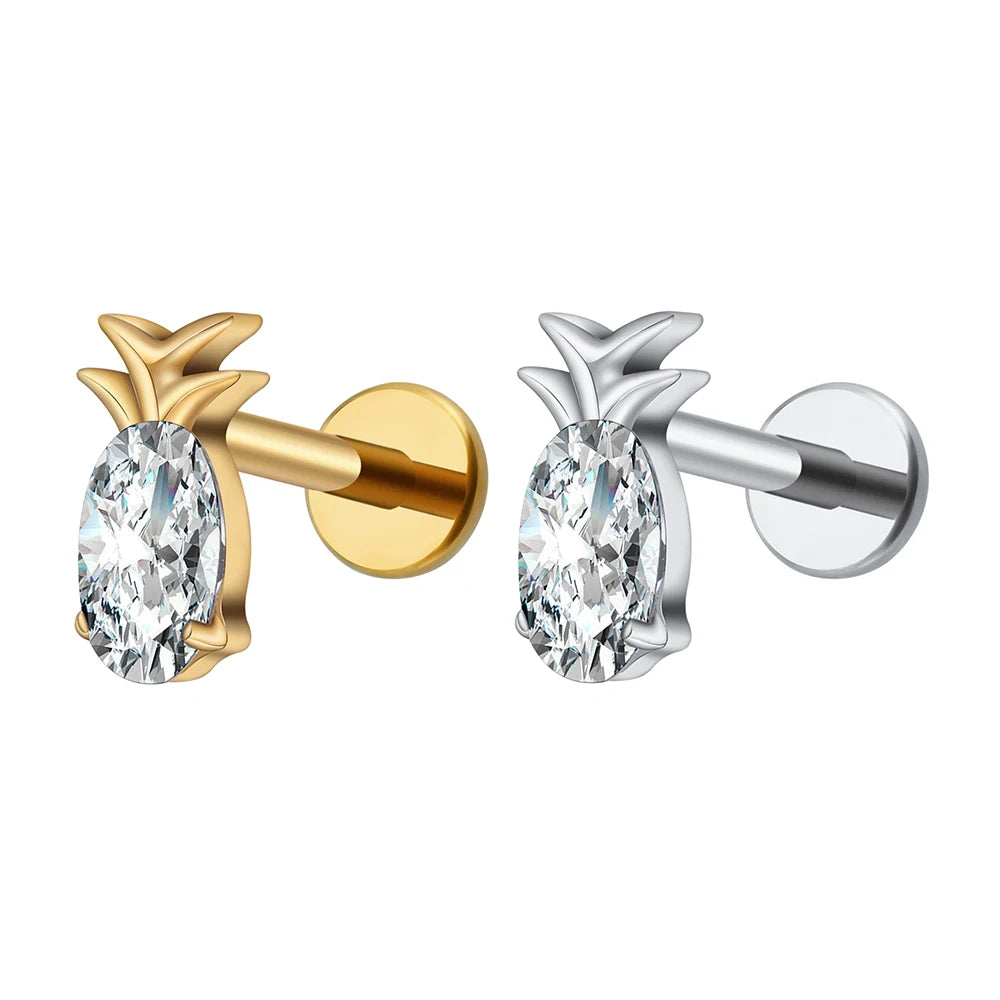Right Grand ASTM F136 Titanium 16G Fruit Pineapple Stud Earring Oval CZ Labret Cartilage Tragus Helix Conch Lobe Piercing MegaBDM
