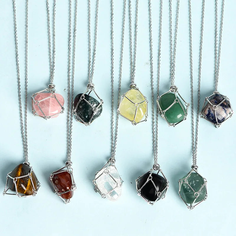 Wrapped Wire Crystal Pendant Metal Mesh Bag Gemstone Irregular Tumbled Stone Eco-Friendly Folk Art Healing Energy Lucky Necklace