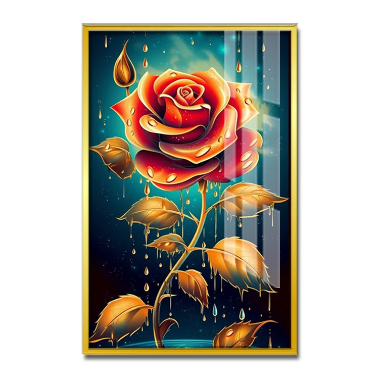 Hot Selling Gold and Red Rose Flower Crystal Porcelain Painting Still Life Painting for Home Decor MegaBDM