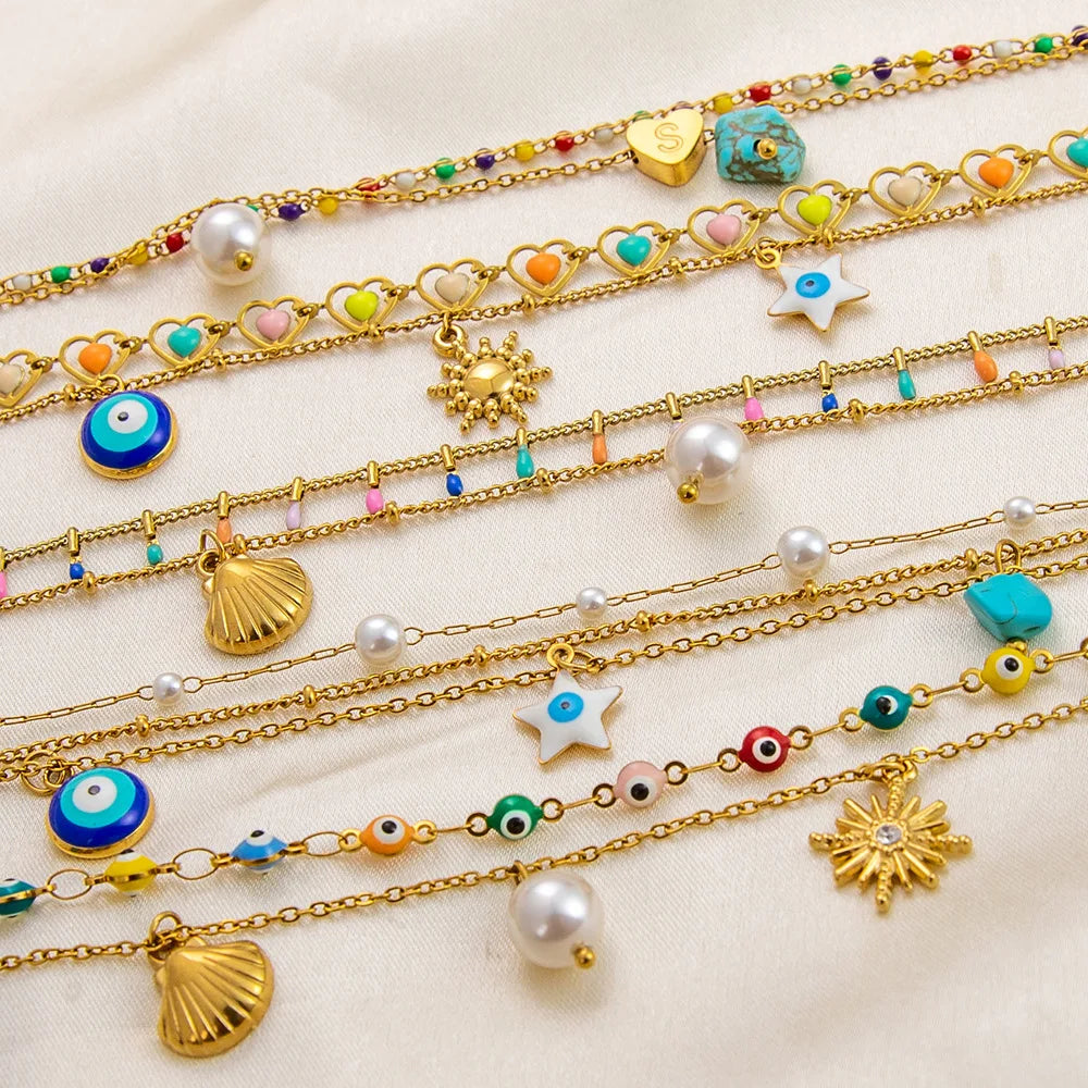 Wholesale Foot Chain Stainless Steel Gold Plated Bracelet Delicate Shell Rainbow Pendant  Multi-layer Chains Anklet