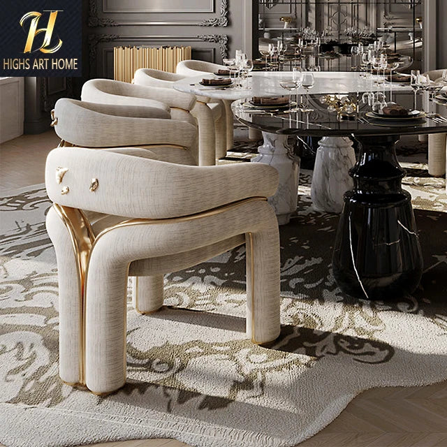 Italian High End Handmade Contemporary Dining Chairs Chaises a Manger Brass Frame Nubuck Fabric Luxury Villa Dining Room Chairs