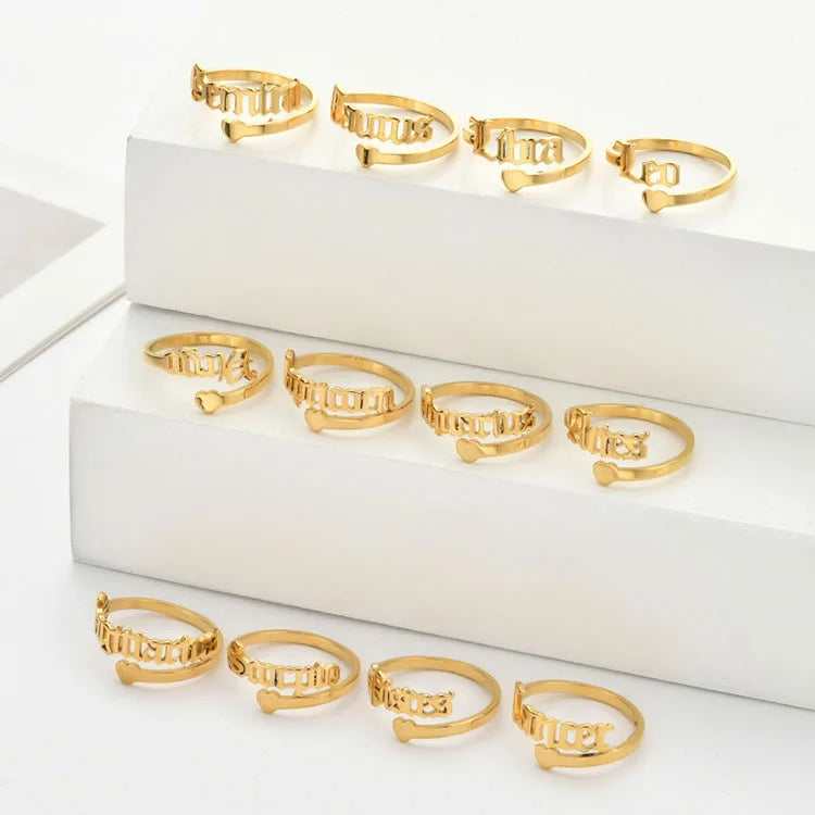 G565 Gold Plated 12 Old English Letters Heart Stainless Steel Horoscope Zodiac Rings
