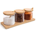 Household Condiment Container Seasoning Box Pots 3pcs Spice Glass Jars Set with Bamboo Spoon Lid and Base
