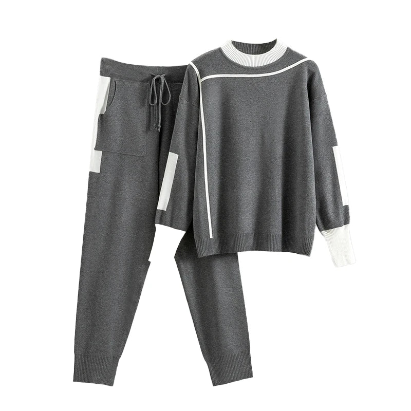Spring Autumn Knit Set Casual Colour Block Knit Pullover and Knit Pants Set Knit Two Piece Set for Women