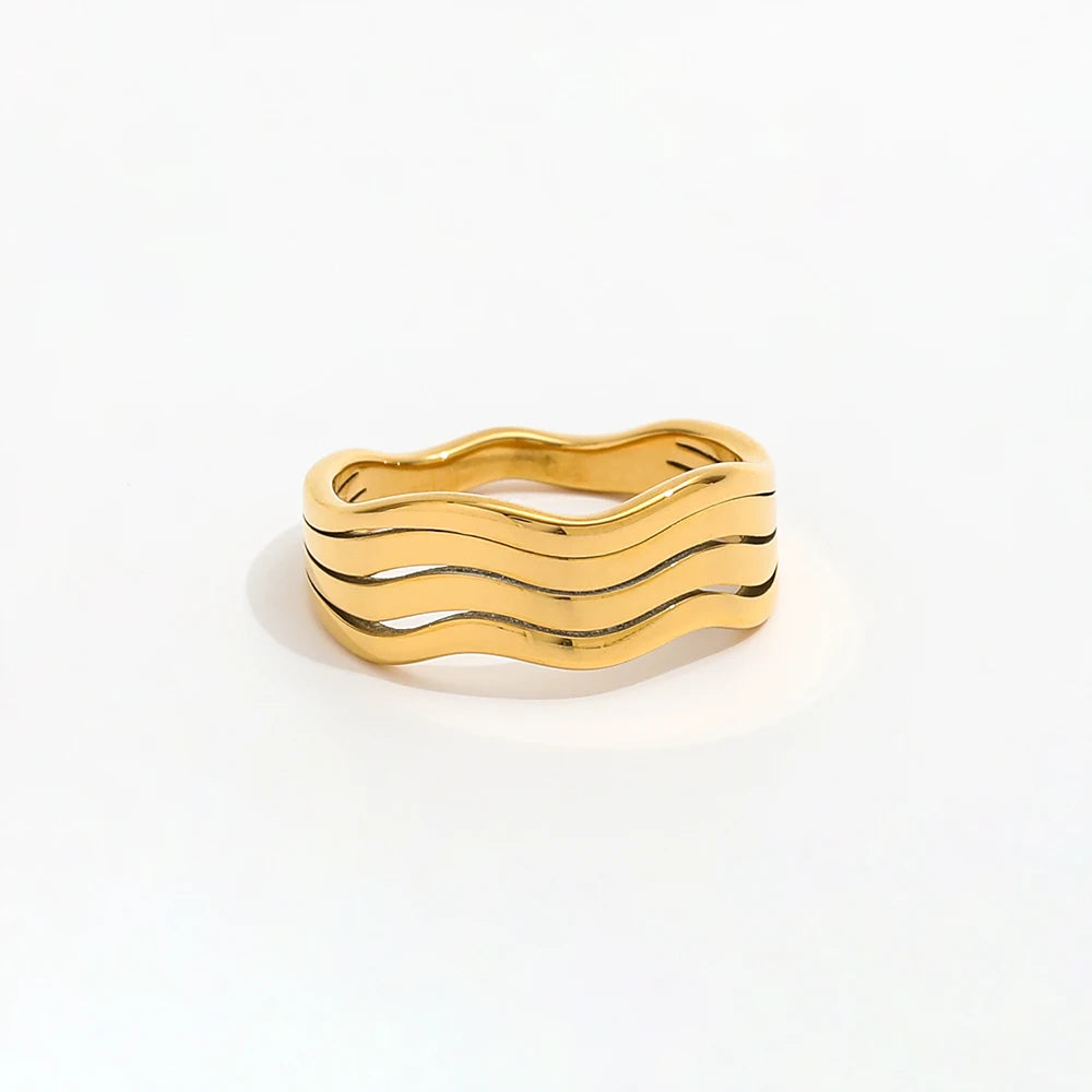 High End 18K PVD Gold Plated Multi Layer Lines Curve Rings Stainless Steel Women Rings Tarnish Free  Fashion Jewelry