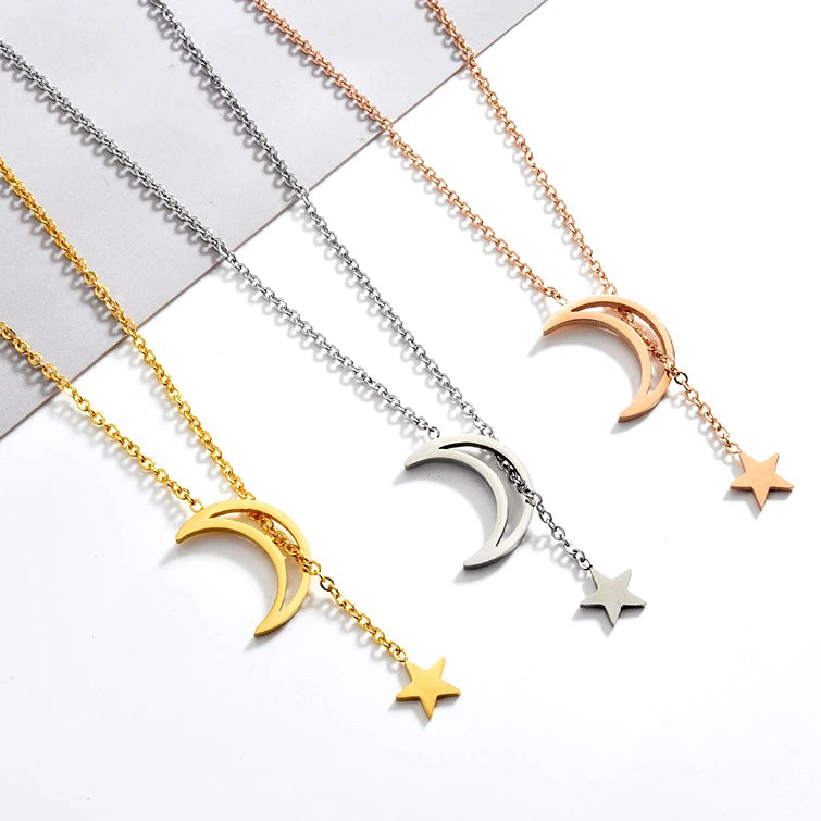 Elegant Ladies Gift Silver 18K Gold Plated Stainless Steel Women Moon and Star Pendant Necklace Jewelry
