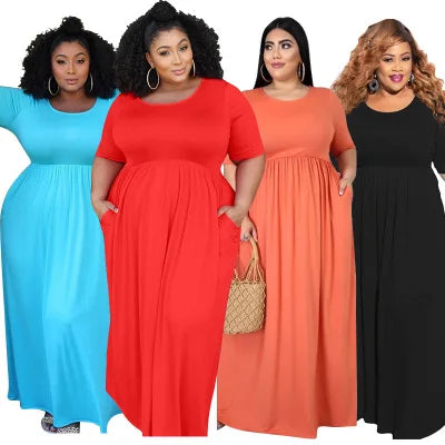 Summer Women's Solid Color Crew Neck Short Sleeve Loose Natural Waist ODM Casual Plus Size Floor-Length Dress