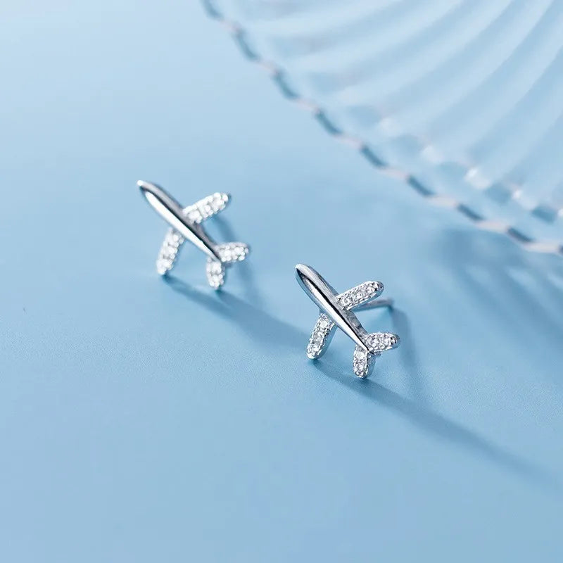 925 Sterling Silver Cubic Zirconia Airplane Shape Ear Studs Earrings Fashion Jewelry for Women