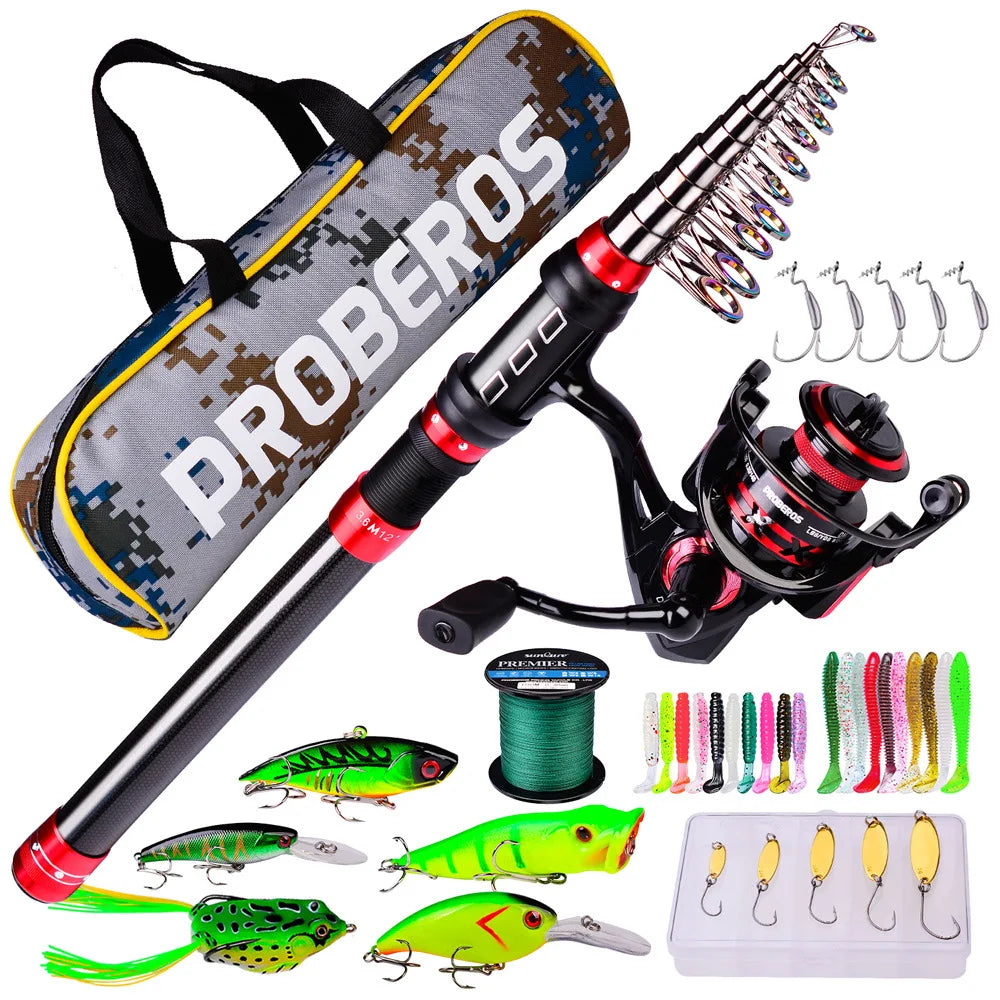 New Spinning Fishing Rod and Reel Combos Portable Telescopic Set for Beginner Carbon Fiber with Full Kits for Travel Nylon Bag