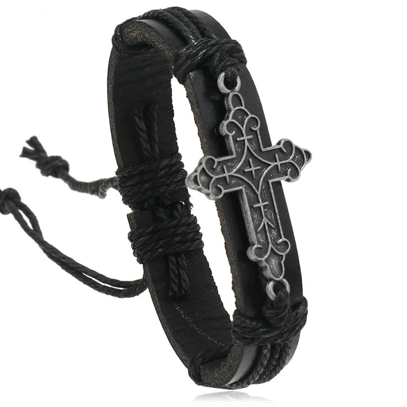 Vintage Jewelry Antique Silver Plated Metal Cross Handmade Woven Rope Leather Adjustable Charm Men Women Bracelets