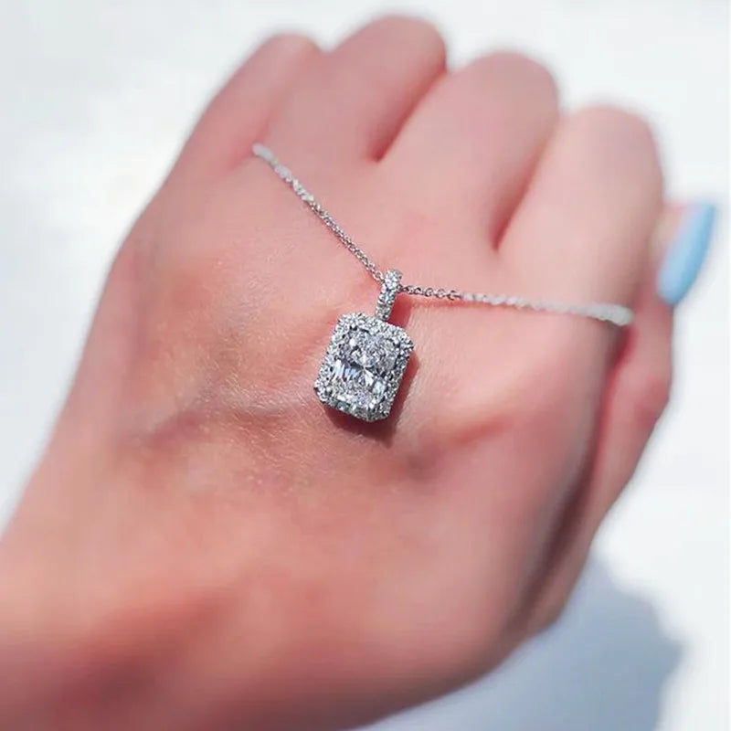 Huitan 2023 925 Silver Plated Necklace White CZ Sparkly Cubic Zirconia Diamond Rectangle Emerald Shape Pendant Necklace