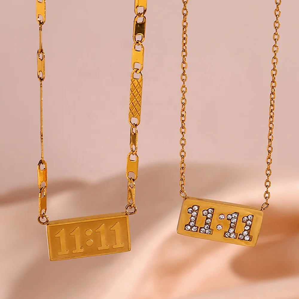 Waterproof Gold Plated 11:11 Pendant Necklace Stainless Steel Pig Nose Chain Zircon Angel Number Necklace Women