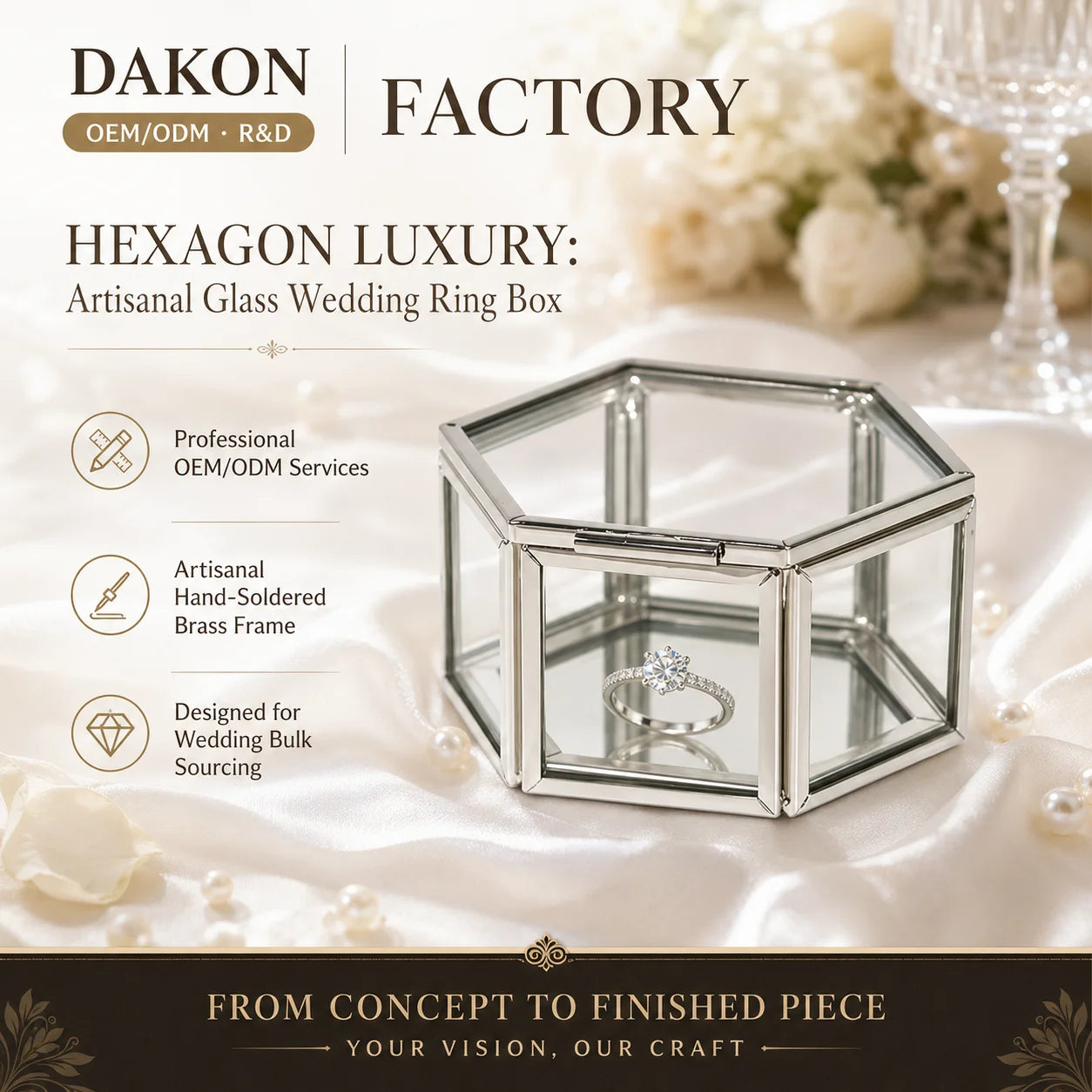 Handcrafted Hexagon Clear Glass Wedding Ring Box with Brass Frame for Jewelry Favor Bespoke DAKON Factory Wholesale Bulk