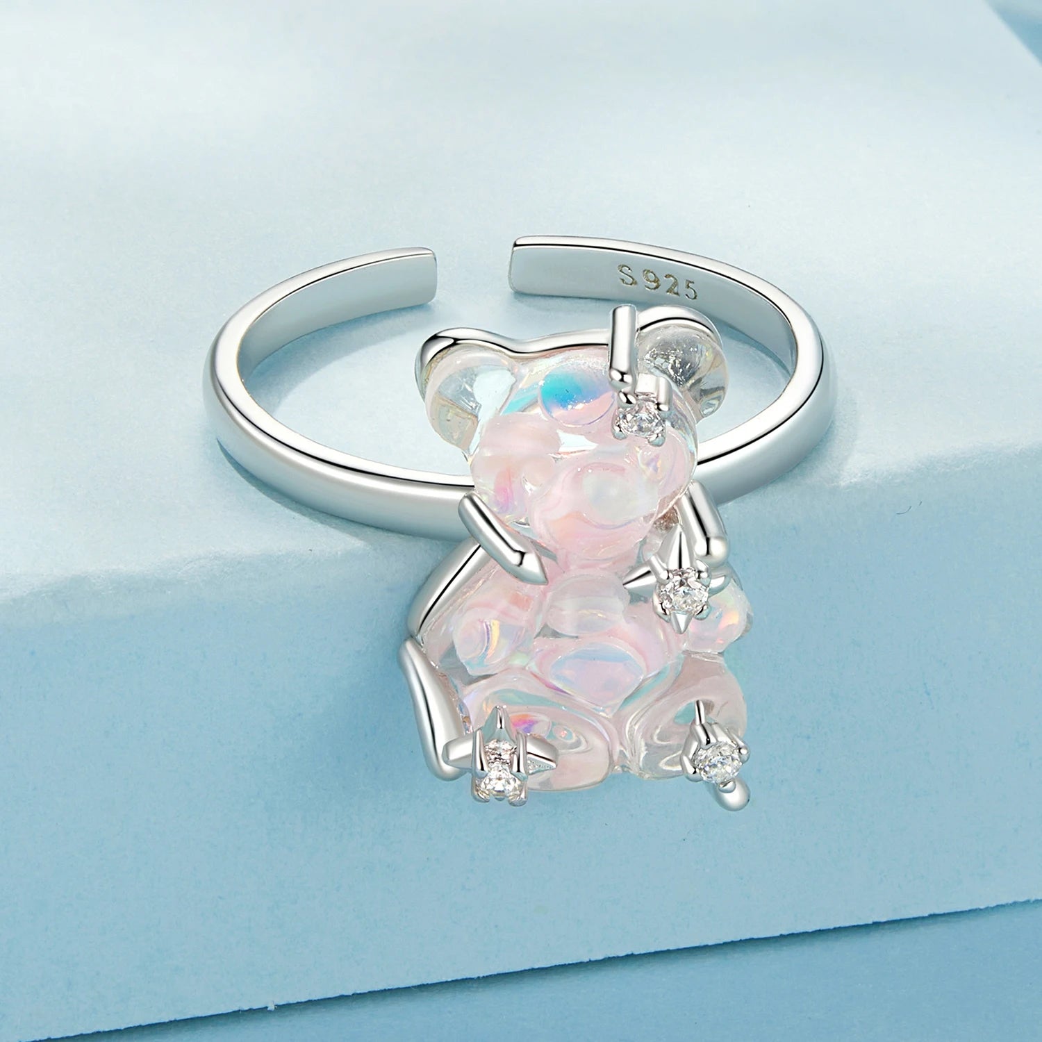 925 Sterling Silver Dreamy Pink Bear Ring Lovely Gift for Girl Daugter Statement Opening Rings Set Party Jewelry SCR1063-E