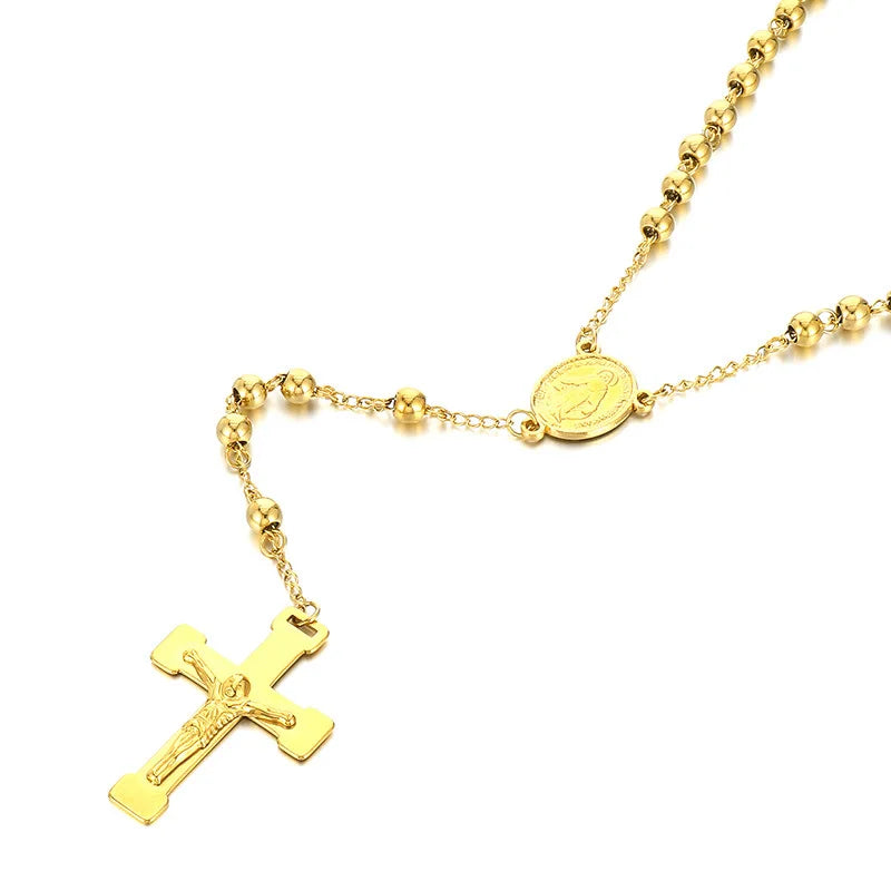 Christian Jewelry Stainless Steel Rosery Beads Jesus Cross Pendant Necklace