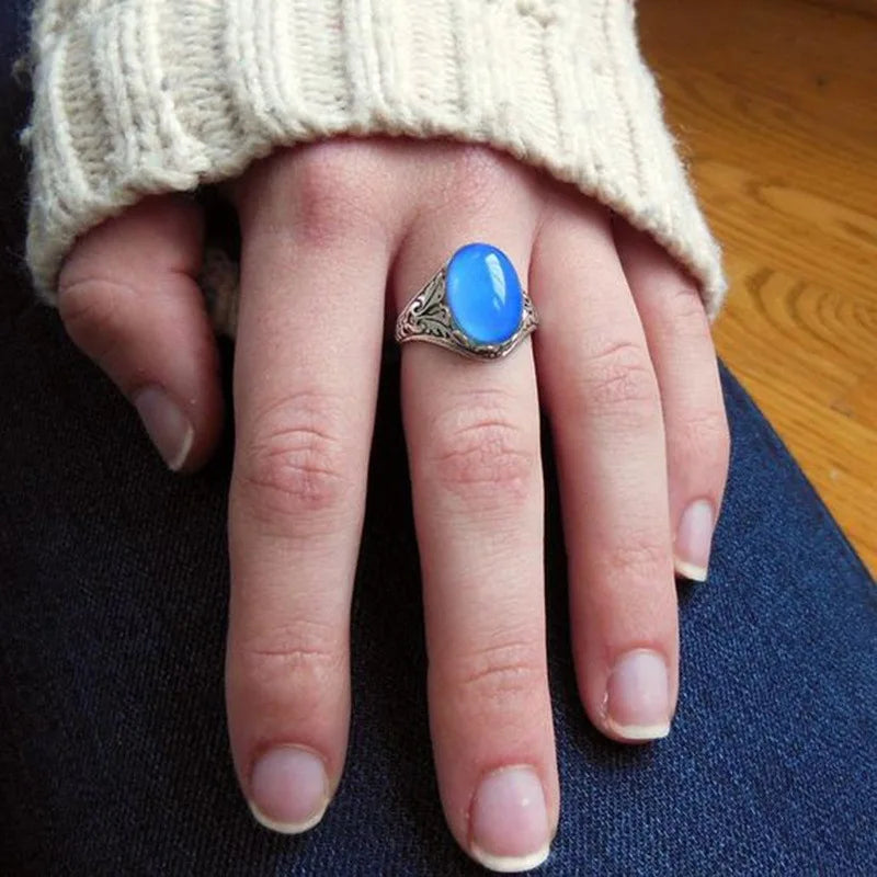 2022 Retro Mood Ring Jewelry Oval Emotion Feeling Changeable Ring Fashion Silver Temperature Control Color Change Ring Women