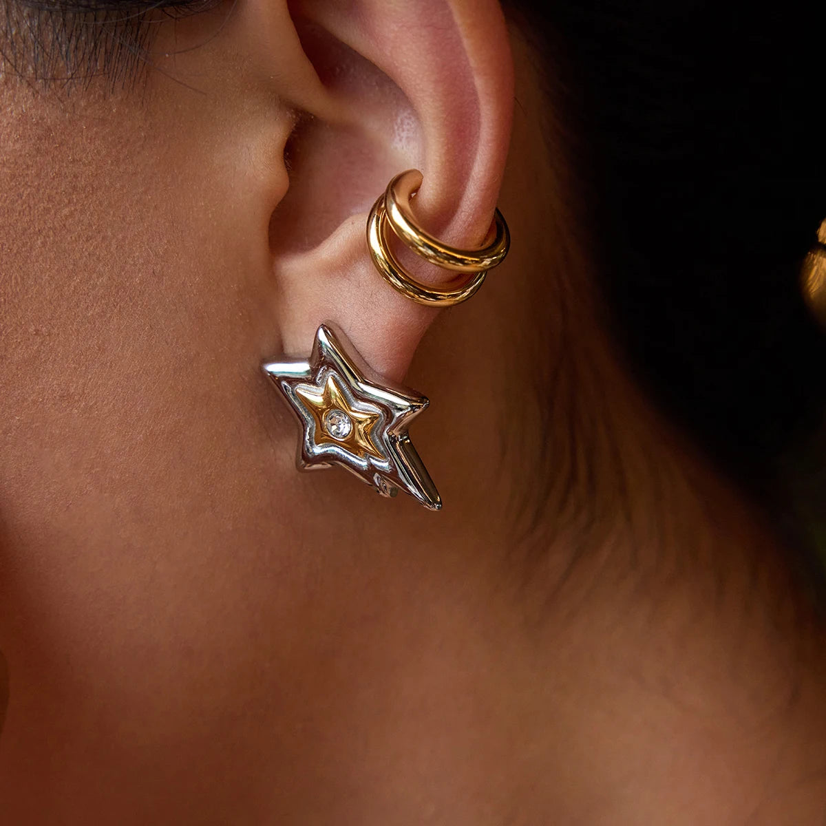 J&D Designer Niche 18K Gold Plated Stainless Steel Rhinestones Ear Cuff Earrings Two Tone Meteor Fashion Earrings Jewelry Women