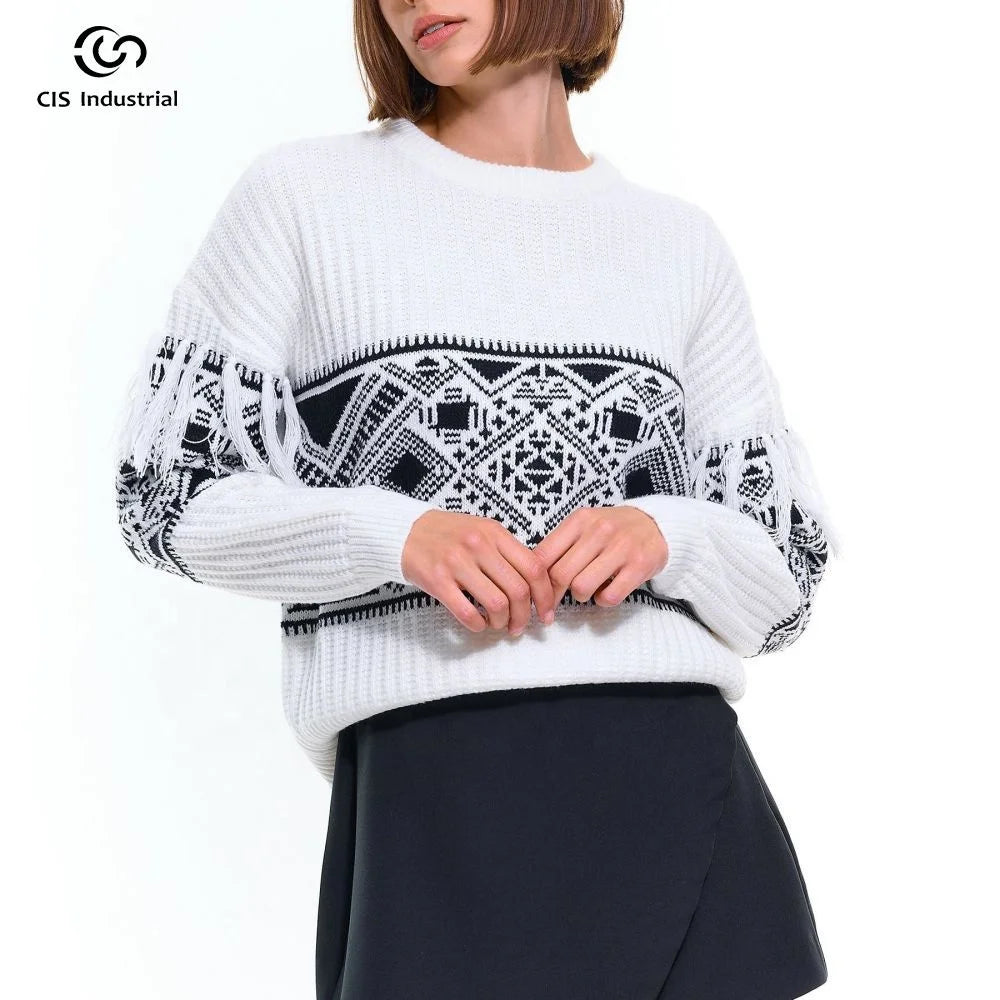 OEM/ODM Custom Long Sleeve Jacquard Crew Neck Sweater Knitting Pullover Drop Shoulder Pendant Design Fashion Crochet Sweater