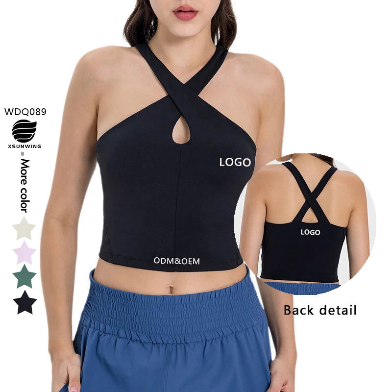 Xsunwing Custom LOGO Sexy Hollow Gym Fitness Sport Running Athletic Workout Yoga Bra Vest Halter Shirts Women's tank Tops WDQ089